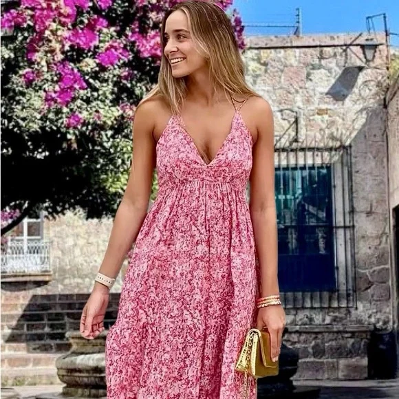 ZARA WOMENS FLORAL SUMMER V NECK BACKLESS DRESS IN PINK SIZE: LARGE 100% COTTON - Picture 2 of 13